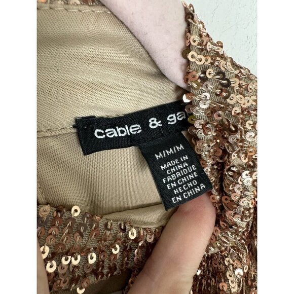 Cable & Gauge Gold Sequined Keyhole Neck Long Sleeve Lined Top Size Medium - Picture 5 of 6